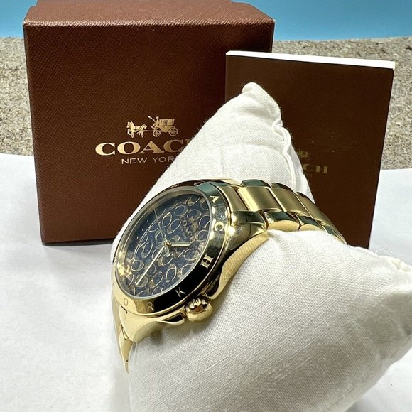 COACH Tristen 14502348 Gold-Tone Wristwatch C Signature Dark Blue Dial S.Steel - Picture 3 of 7